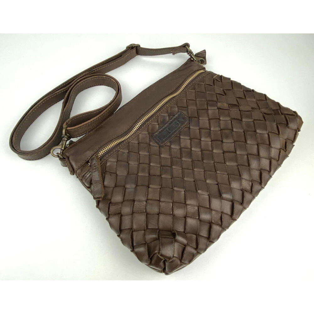 Pikolinos Leather Crossbody Woven Basket Bag Distressed Brown Purse Boho Weave